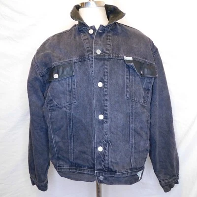 Vtg Guess Mens Sz L Marciano Classic Style Black Denim Trucker Jacket Leather - Image 1 of 4