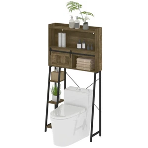 Over The Toilet Storage Cabinet Bathroom Cabinet Distressed Brown Black - Picture 1 of 8