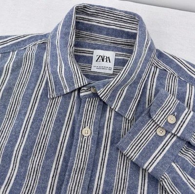 Zara Flannel Button Shirt Mens M Blue Chambray Striped Pocket Long Sleeve Casual - Image 1 of 4