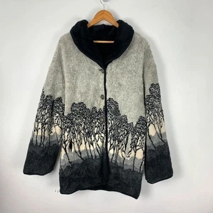 Vintage Nordic Lights Reversible Fleece Jacket Womens XL Grey Black Trees Winter - Picture 1 of 19