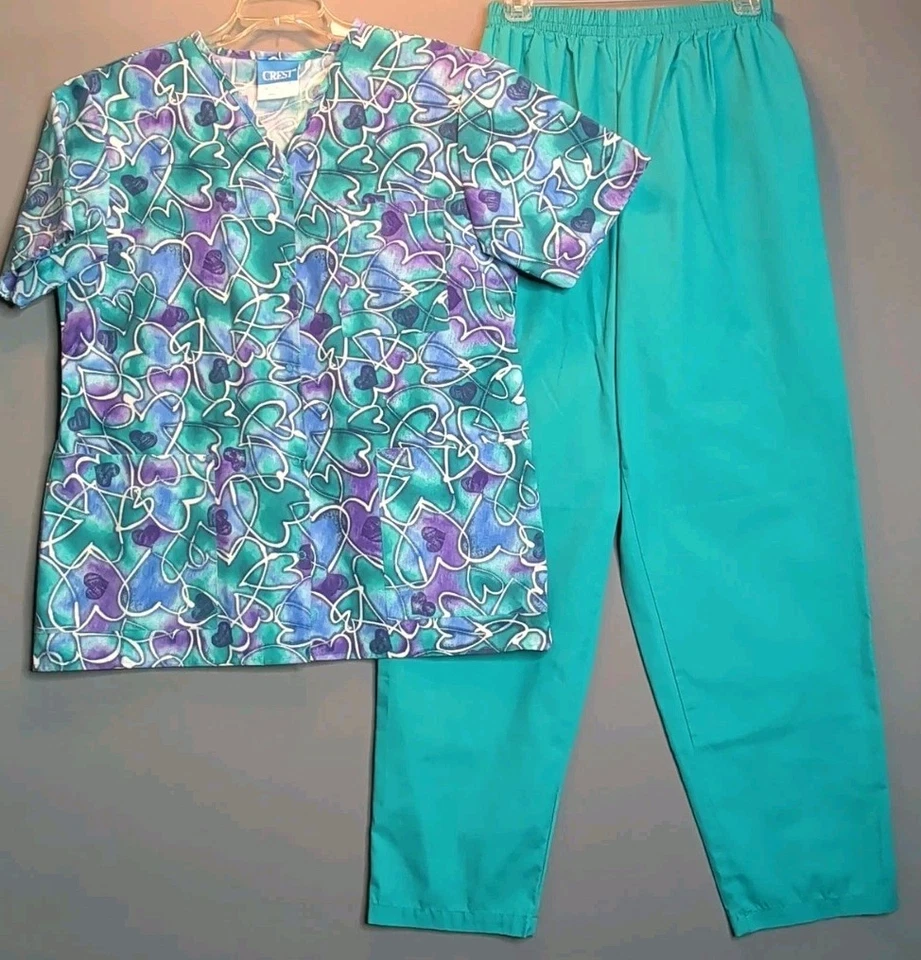 Scrub Set Women's Crest Teal Hearts Medium Top And PL Uniform Teal Large Pants - Image 1 of 4