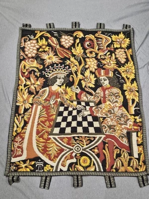 Tapiz tejido estilo medieval colgante de pared jugadores de ajedrez decoración floral negro Foto 1 de 4