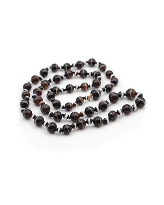 Sautoir ancien agate rubanée, fermoir en or 14k, collier de deuil, agate noire, - Photo 1/4