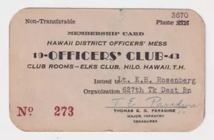 Vintage 1943 Elk's Lodge Officers' Club MEMBERSHIP CARD Hilo, Hawaii, T.H. - Bild 1 von 2