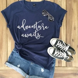 Adventure Awaits Graphic T-shirt Women's XL Blue 100% Cotton Anvil New - Picture 1 of 2