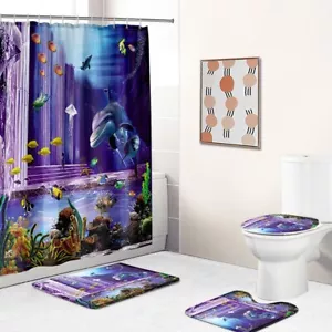 Sea World Shower Curtain Bathroom Rug Set Bath Mat Non-Slip Toilet Lid Cover - Picture 1 of 12