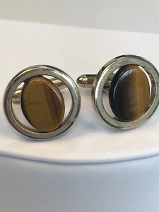 Men’s Cufflinks Semi Precious Tigers Eye Stone Gold Signed Swank Vintage - Picture 1 of 10