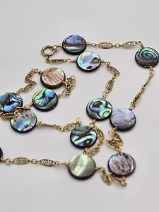 Handcrafted Abalone Bead Gold Tone Scroll Link Dainty Necklace - Picture 1 of 12