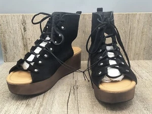Torrid Black Suede Gladiator Sandals Wood Platform/Wedge Leather Lace Up sz 6.5W - Picture 1 of 9