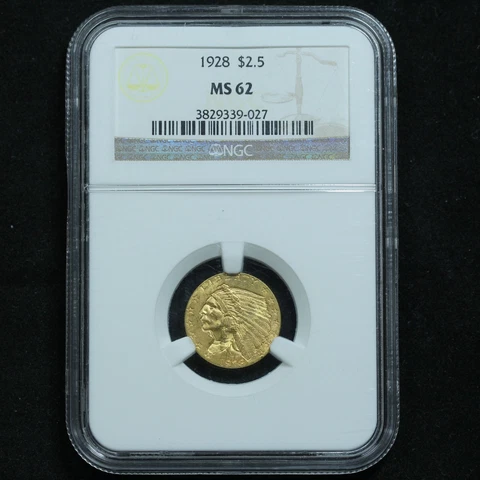 1928 $ 2.5 2.50 Gold Indian Head Quarter Eagle Coin - NGC MS 62 Cover