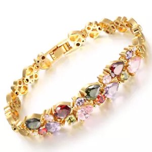 Xmas Gift Flower Multi Garnet Amethyst Garnet Yellow Gold Charming Bracelets New - Picture 1 of 6