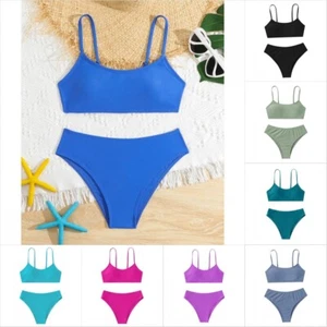 Girls Bikini Swimsuit Adjustable Strap Top with Briefs Solid Color 2Pcs Swimwear - Picture 1 of 20