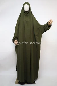 One Piece Full Length Pockets Jilbab Overhead Muslim Prayer Dress Olive - Picture 1 of 5