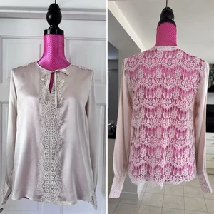 ROSEMUNDE COPENHAGEN ..Stunning Beige Mulberry Silk Blouse Sheer Lace Back Sz 12 - Picture 1 of 11