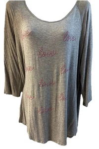 New WOMENS Blouse Shirt Tee Top gray/pink BEADED (Love Logo) SZ  1X - Picture 1 of 3