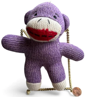 Dan Dee Sock Monkey Knitted Purple Stuffed Animal Toy Key Chain Back Clip 6" - Image 1 of 4