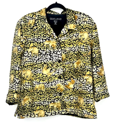 Top vintage de seda con botones para mujer talla 16 elefante guepardo artístico boho maximalista Foto 1 de 4