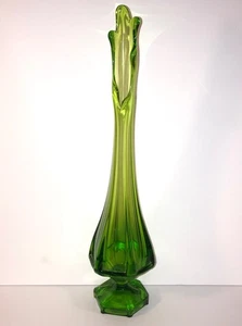 14” Vintage Viking Glass Drape Swung Vase with Footed Hexagonal Base Avocado Grn - Picture 1 of 19