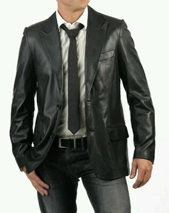 Black Leather Blazer Men's 100% Genuine Lambskin Leather Two BUTTON Coat-06 - Picture 1 of 12