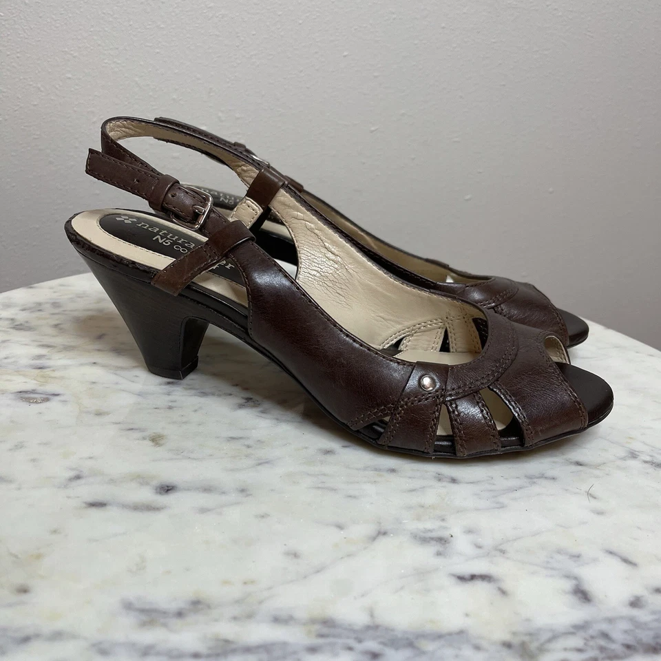 Naturalizer SZ 8  Brown Leather Peep Toe Buckle Slingback Pumps Shoes Heels -C1 - Image 1 of 4