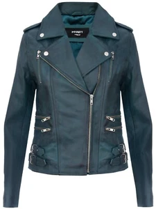 Ladies Leather Biker Jacket Teal Green Lamb Nappa Classic Biker Gothic Jacket - Picture 1 of 5