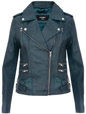 Ladies Leather Biker Jacket Teal Green Lamb Nappa Classic Biker Gothic Jacket - Image 1 of 4