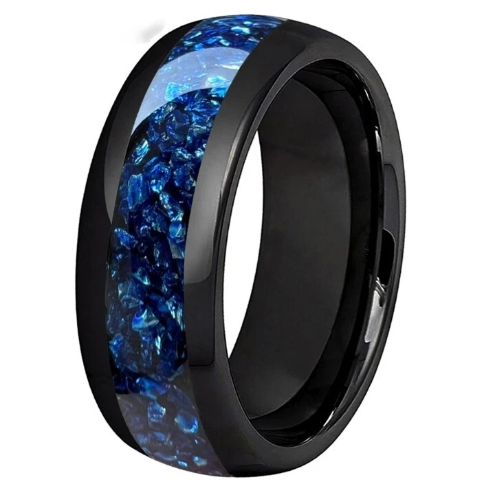 Anillo de carburo de tungsteno con incrustación de cristal azul/púrpura de 8 mm para hombres y mujeres Foto 1 de 4