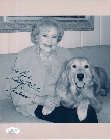 BETTY WHITE HAND SIGNED 8x10 PHOTO    CUTE POSE WITH HER DOG       TO BOB    JSA Cover