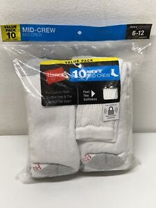 Hanes Value 10 Pack, Men's Mid-Crew Socks, White w/Gray Heel & Toe, Size 6-12