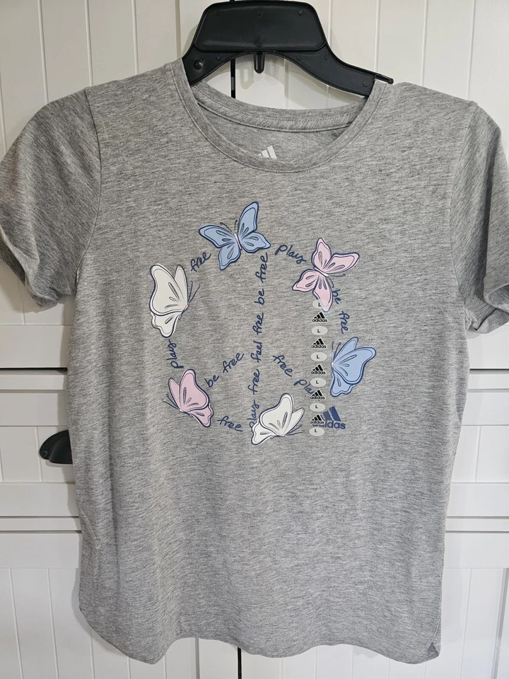 Girls Kids Youth Adidas Shirt NEW Short Sleeve Gray Butterfly Size Large 14 - Image 1 of 1