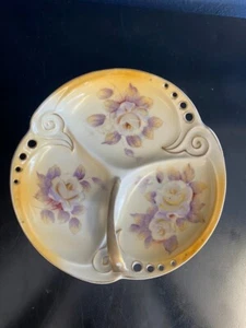 Vintage 1960s Porcelain Tri-Sectional Plate/Divided Dish w/ White & Purple Roses - Picture 1 of 3