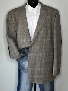 Tasso Elba Wool Soft Tweed Gray Windowpane Elbow Suede Blazer Suit Coat Men 48R - Picture 1 of 16