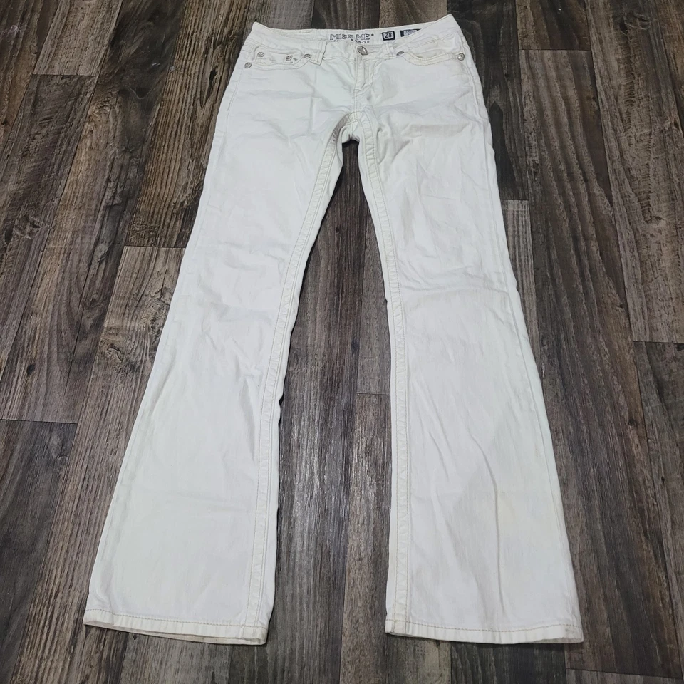 Pantalones de mezclilla Miss Me Irene para mujer 28 blancos corte bota tiro bajo puntada solapa occidental Foto 1 de 4