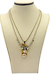 Gold Plated & Simulated Rhinestone Floral Pendant Necklace With Faux Pearls Drop - Picture 1 of 6