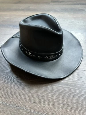 HH Henschel Hat Outback Black Western Leather Cowboy Hat Size Medium USA Made - Image 1 of 4