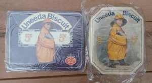 Menge 2 Vintage 1980er Uneeda Biskuit gelb Regenmantel Junge Dose & Warmschale Pad - Bild 1 von 11