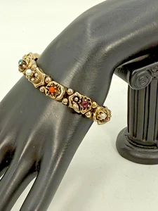 Vintage Buchkette Panel Armband goldfarben Kunstperlen Strass Mid Century Nachlass - Bild 1 von 5