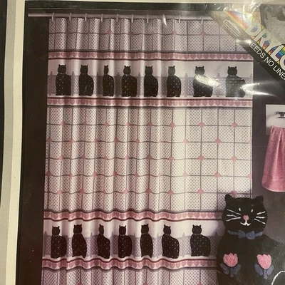 NWT Vtg DEADSTOCK 80’s Kitty Kitten Cat TULIP Floral Fabric Shower Curtain 70x72 - Image 1 of 4