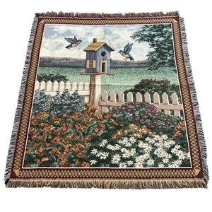 American Weavers Throw Blanket Tapestry Flying Birds Birdhouse Garden 58”x48” - Picture 1 of 7