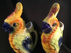 Vintage French Majolica Pair of Matching Parrot Pitchers St. Clement Nice Set - Picture 1 of 9