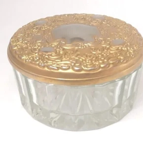 Vintage Glas Puderdose Waschtisch Kommode geätzter Metalldeckel mit Spiegel darunter - Bild 1 von 8