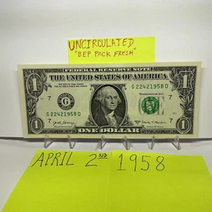 One DollarBirthday Note Uncirculated.April 2nd 1958 .Fancy Serial Number. - Picture 1 of 9