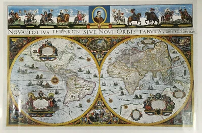* poster of 1665 world map with latin inscription, 22 3/4" w by 15 1/4" h - Image 1 of 4