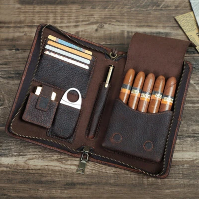 Genuine Leather Cigar Case Holder Travel Humidor Set Lighter Cutter Pocket Box - Image 1 of 4