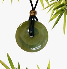 Certified Green Jade Donut Necklace 35mm Unisex Black Leather Cord Good Luck