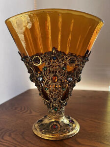 Vase à bijoux Apollo Studios ventilateur calice verre soufflé ambré art nouveau antique