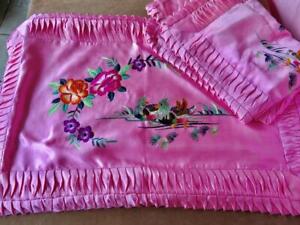 2 Vintage Chinese Hand Embroidery Mandarine Duck Peony Pink Silk Pillow Shams