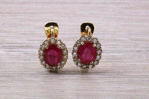 2,84 Karat schöne Ohrringe Rubin und Diamant Halo besetzt 18 Karat Gelbgold - Bild 1 von 10
