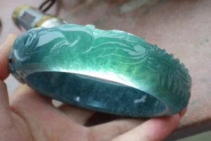 Certified Blue Green JADE Jadeite Dragon Phoenix Bangle Bracelet 69mm 589351 AS - Picture 1 of 13