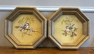 Vintage HOMCO Octagon Glass Gold Framed Oriental Chickadee Bird Prints Set Of 2 - Picture 1 of 7